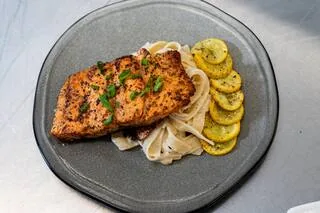 Salmon and pasta entrée